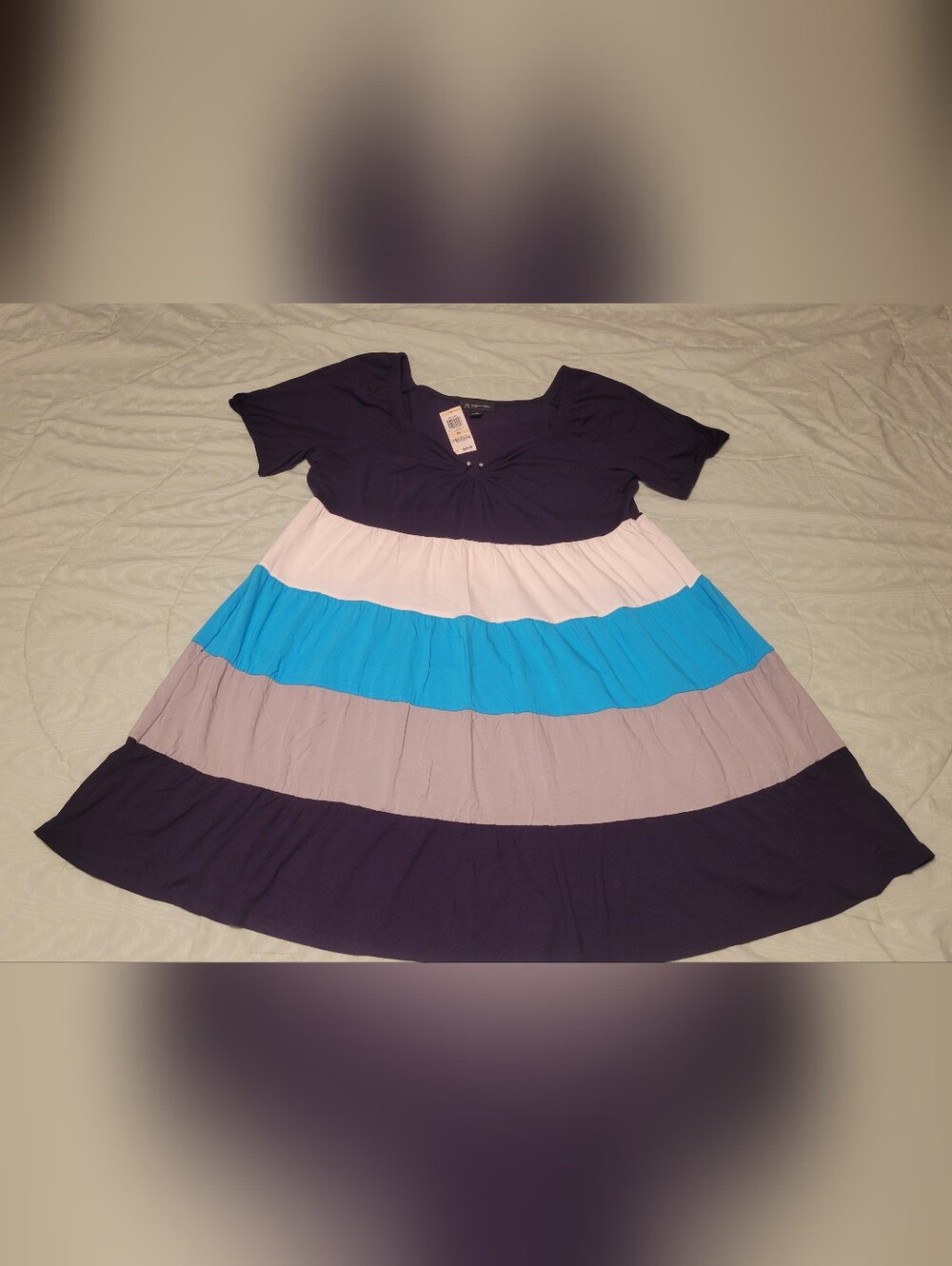 Womens Navy, White, Blue & Gray Tiered Knit Dress